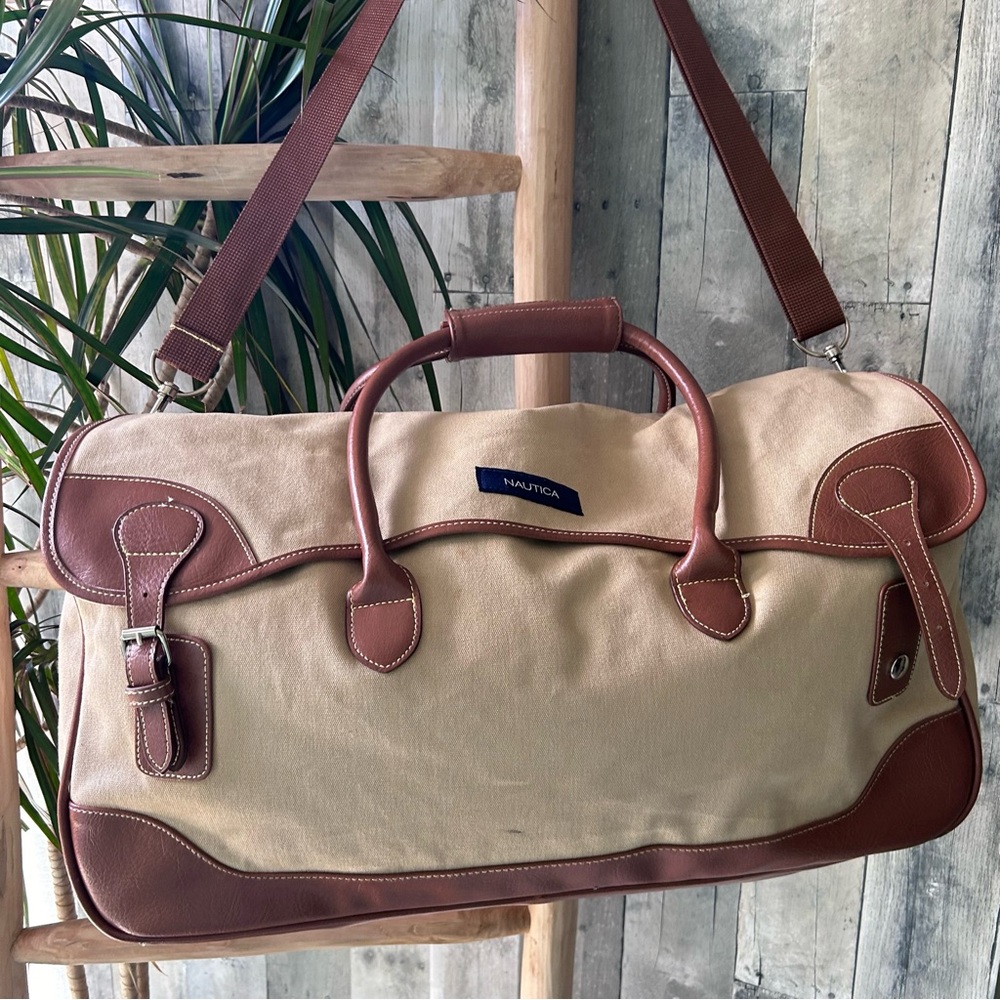 🌴Nautica Khaki Canvas Men’s Duffel Bag W/Leather Accents